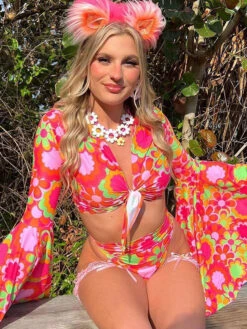 Women Two Piece Swimsuits Red Floral Print Ruffles V-Neck Layered Raised Waist Summer Beach Bathing Suits -Dresses Store 20230506170917778539