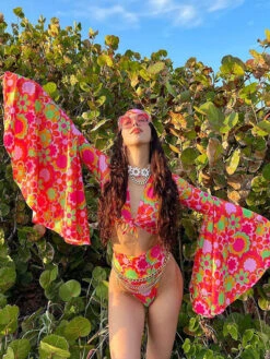 Women Two Piece Swimsuits Red Floral Print Ruffles V-Neck Layered Raised Waist Summer Beach Bathing Suits