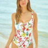 One Piece Swimsuits For Women White Floral Print Lace Up U-Neck Stretch Summer Beach Swimming Suits 2 One Piece Swimsuits For Women White Floral Print Lace Up U-Neck Stretch Summer Beach Swimming Suits -Dresses Store 202305101145447965117