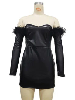 Party Dresses Black Bateau Neck Feathers Long Sleeves Open Shoulder Semi Formal Dress -Dresses Store 2e68a13b f658 4518 9fd1 9ee6b696eb4b