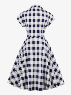 White Vintage Dresses V Neck Short Sleeve Checkered A Line Midi Dress For Women -Dresses Store 3afc6672 ccc8 4686 9357 34d66bc2fa3f