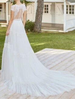 White Boho Wedding Dress With Train V Neck Short Sleeves Beaded Lace A-Line Long Bridal Gowns Free Customization -Dresses Store 40a683d9 6590 4e3d ba0c 5a00a259c6c2