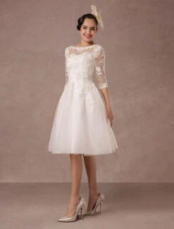 Short Wedding Dress Vintage Lace Applique Long Sleeves Tea Length A-Line Tulle Bridal Gown With Flower Sash Free Customization -Dresses Store 43c171b7 2144 4801 a39e 3b81daa29c70