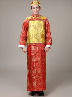 Halloween Chinese Costume Gold Qing Dynasty Long Gown With Waistcoat And Hat For Men -Dresses Store 48165b4f 27da 4e07 8f03 c54ebdec38db