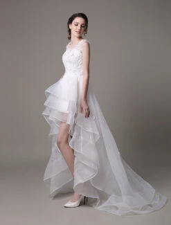 A-Line High Low Wedding Dress Lace Beading Flower Organza Bridal Dress With Brush Train Free Customization -Dresses Store 4bfc3dbc bc2d 48d0 93f3 895e641a57fe