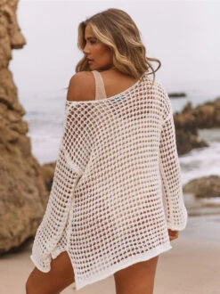 Cover Ups For Women White Cut Out Jewel Neck Long Sleeves Acrylic Summer Sexy Bathing Suits -Dresses Store 4cd3d8d6 658b 4af5 b276 3e1dd47bb412