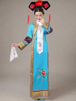 Halloween Chinese Costume Blue Satin Color Block Long Dress For Women -Dresses Store 53b6e52c ca8e 4545 803f a612ef290e30