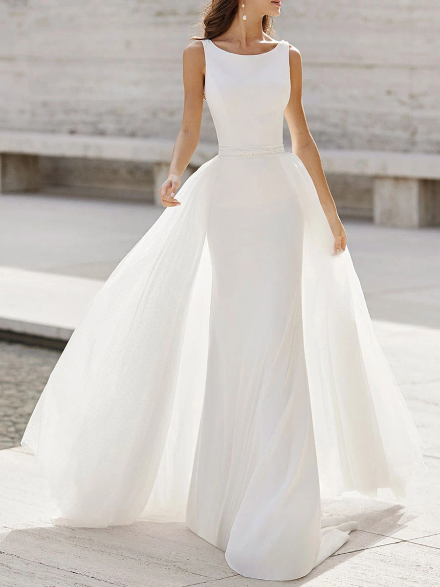 White Simple Mermaid Wedding Dress Jewel Neck Sleeveless Lace Long Bridal Dresses Free Customization 3 White Simple Mermaid Wedding Dress Jewel Neck Sleeveless Lace Long Bridal Dresses Free Customization