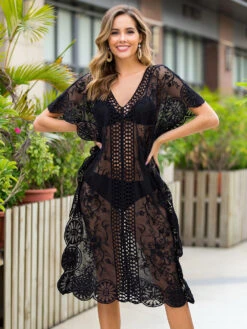 Black Cover Ups For Women Cut Out V Neck Short Sleeves Stretch Lace Summer Beach Bathing Suits For Women