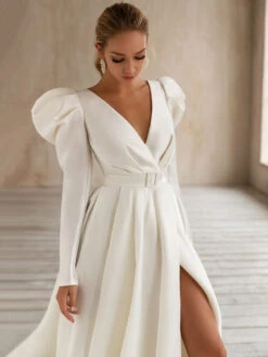 Vintage Wedding Dress White Bridal Dresses Long Sleeves Wedding Dress V-Neck A-Line With Train Bridal Gowns Free Customization -Dresses Store 5e51b30f 7c13 4abc b127 e85262a45a55
