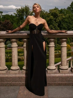 Birthday Party Dresses Black Strapless Sleeveless High Slit Semi Formal Maxi Dress