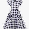 White Vintage Dresses V Neck Short Sleeve Checkered A Line Midi Dress For Women -Dresses Store 636deffb 60f4 4ff4 9f00 d1f95c43aa5f