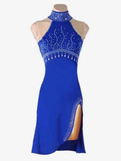 Latin Dance Costume Blue Women's Rhinestones High-slit Bodycon Sexy Polyester Dress Dancing Costume