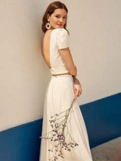 Ivory Two-piece Wedding Dress V-Neck A-Line Floor-Length Backless Short Sleeves Bridal Jumpsuit Free Customization -Dresses Store 6fa4f9bd de43 4a9e a6d4 48e38d04f0af