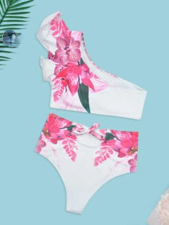 White Floral Swimsuit One Shoulder Bathing Suit Ruffle High Waisted Sexy Bikini -Dresses Store 7751e682 a248 408a acd9 970476de2276