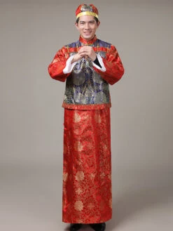 Halloween Chinese Costume Gold Qing Dynasty Long Gown With Waistcoat And Hat For Men -Dresses Store 79dfe029 f990 4aa3 a720 58c3f2b3c13d