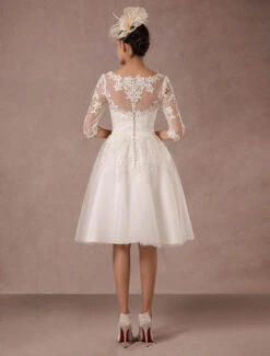 Short Wedding Dress Vintage Lace Applique Long Sleeves Tea Length A-Line Tulle Bridal Gown With Flower Sash Free Customization -Dresses Store 7c32f83b 4b6b 46c3 bf03 e7ac60a480d1