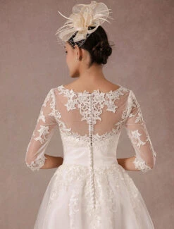 Short Wedding Dress Vintage Lace Applique Long Sleeves Tea Length A-Line Tulle Bridal Gown With Flower Sash Free Customization -Dresses Store 91e647bd 8f82 4ffd 85e6 7a9c6caa97ad
