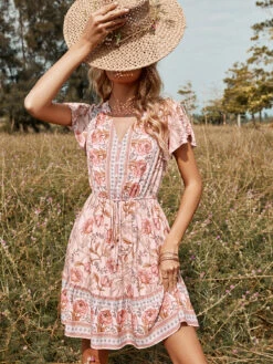 Summer Dress V-Neck Floral Print Pink Beach Dress