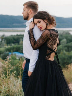 Gothic Black Wedding Dresses A-Line Long Sleeves Backless Lace Up With Train Lace Bridal Gown Free Customization -Dresses Store 965eab01 cd32 49f7 bcd6 5f0cf90d461a