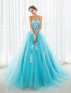 Blue Wedding Dress Lace Applique Tulle Court Train Strapless Sweetheart Lace-Up A-Line Bridal Gown -Dresses Store Blue Wedding Dress Lace Applique Tulle Court Train Strapless Sweetheart Lace up A line Bridal Gown 632839 3179483