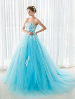 Blue Wedding Dress Lace Applique Tulle Court Train Strapless Sweetheart Lace-Up A-Line Bridal Gown -Dresses Store Blue Wedding Dress Lace Applique Tulle Court Train Strapless Sweetheart Lace up A line Bridal Gown 632839 3179485