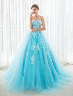Blue Wedding Dress Lace Applique Tulle Court Train Strapless Sweetheart Lace-Up A-Line Bridal Gown -Dresses Store Blue Wedding Dress Lace Applique Tulle Court Train Strapless Sweetheart Lace up A line Bridal Gown 632839 3179487