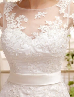 Short Wedding Dress Ivory Lace Up Vintage A Line Tea Length Bridal Dress Free Customization -Dresses Store Tee Length Ivory Wedding Dress For Bride With Jewel Neck Vintage Sash 466423 2305329