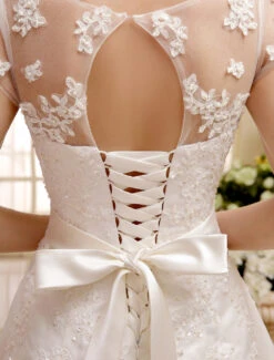 Short Wedding Dress Ivory Lace Up Vintage A Line Tea Length Bridal Dress Free Customization -Dresses Store Tee Length Ivory Wedding Dress For Bride With Jewel Neck Vintage Sash 466423 2305341