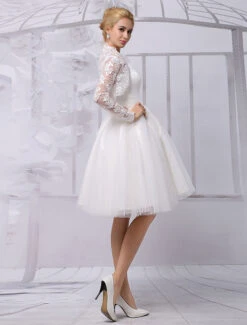 A-Line Tulle Knee Length V-Neck Long Sleeves Detachable Lace Wrap Wedding Dress 2023 Free Customization -Dresses Store Tulle Knee Length Spaghtti A line Wedding Dress With Long sleeves Lace Wrap 540729 2732821