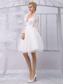 A-Line Tulle Knee Length V-Neck Long Sleeves Detachable Lace Wrap Wedding Dress 2023 Free Customization -Dresses Store Tulle Knee Length Spaghtti A line Wedding Dress With Long sleeves Lace Wrap 540729 2732823