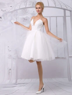 A-Line Tulle Knee Length V-Neck Long Sleeves Detachable Lace Wrap Wedding Dress 2023 Free Customization -Dresses Store Tulle Knee Length Spaghtti A line Wedding Dress With Long sleeves Lace Wrap 540729 2732837