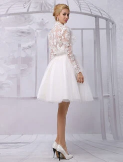 A-Line Tulle Knee Length V-Neck Long Sleeves Detachable Lace Wrap Wedding Dress 2023 Free Customization -Dresses Store Tulle Knee Length Spaghtti A line Wedding Dress With Long sleeves Lace Wrap 540729 2732839