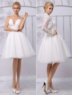 A-Line Tulle Knee Length V-Neck Long Sleeves Detachable Lace Wrap Wedding Dress 2023 Free Customization