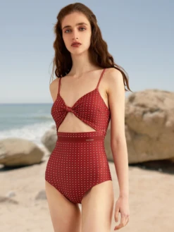 Monokini Swimsuits For Women Red Mixed Polka Dot Knotted V-Neck Convertible Summer Sexy Swimming Suits