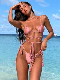 Bikini Swimsuit For Women Grape Grommets Straps Neck Open Summer Sexy Swimwear