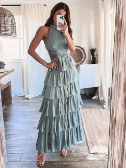 Party Dresses Light Sky Blue High Collar Pleated Sleeveless Layered Semi Formal Dress -Dresses Store aa1155c2 6e46 4549 87f6 454431fa5071