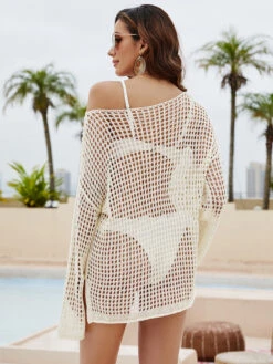 Cover Ups For Women White Cut Out Jewel Neck Long Sleeves Acrylic Summer Sexy Bathing Suits -Dresses Store af928831 2e34 4068 8321 de6c8e6849e9