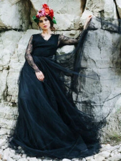 Gothic Black Wedding Dresses A-Line Long Sleeves Backless Lace Up With Train Lace Bridal Gown Free Customization -Dresses Store b6f18856 7d9e 45d7 a1a9 37f7513a3f6d