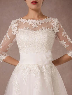 Short Wedding Dress Vintage Lace Applique Long Sleeves Tea Length A-Line Tulle Bridal Gown With Flower Sash Free Customization -Dresses Store beb20432 81c1 4a2a 9ccf 246d54bb7f68