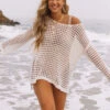 Cover Ups For Women White Cut Out Jewel Neck Long Sleeves Acrylic Summer Sexy Bathing Suits
