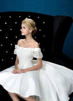 Summer Wedding Dresses 2023 White Lace Satin Off The Shoulder Bridal Gown High Low Beading Bows Short Sleeve Bridal Dress -Dresses Store d168856e 80b7 4c33 bdb9 26749578b136