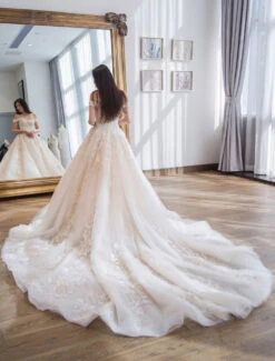 Princess Ball Gown Wedding Dresses Lace Embroidered Off-The-Shoulder Royal Bridal Dress With Train Free Customization -Dresses Store db455e0a 1d67 4a11 91a1 0060faa2a438