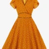 Vintage Dress 1950s Audrey Hepburn Style Orange Layered Printed Short Sleeves V-Neck Swing Dress