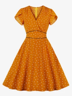 Vintage Dress 1950s Audrey Hepburn Style Orange Layered Printed Short Sleeves V-Neck Swing Dress