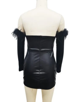 Party Dresses Black Bateau Neck Feathers Long Sleeves Open Shoulder Semi Formal Dress -Dresses Store e2c4577e 173c 4d80 b536 cf9c67835ba1