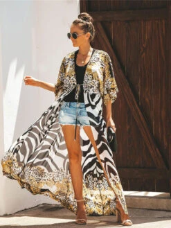 Women Cover Ups Leopard Print Lace Up Short Sleeves Knotted Summer Beach Swimwear -Dresses Store e54fe17a a767 47cd b822 885716d8328e