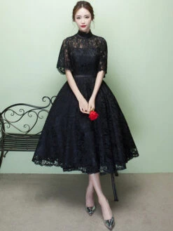 Black Cocktail Dress Lace High Collar Short Prom Dress Illusion Half Sleeve A Line Party Dress Wedding Guest Dress -Dresses Store e79c362a a498 4eb0 bcfa 339d7f3ed723