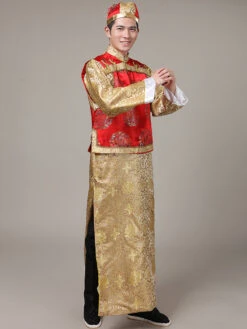 Halloween Chinese Costume Gold Qing Dynasty Long Gown With Waistcoat And Hat For Men -Dresses Store e8c8d43b 8858 4e9e a036 687420413a5a