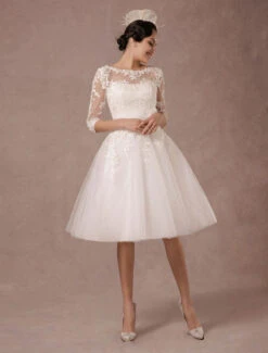 Short Wedding Dress Vintage Lace Applique Long Sleeves Tea Length A-Line Tulle Bridal Gown With Flower Sash Free Customization -Dresses Store ef5e7f60 2a7f 463b 9daf 7be9bc149fb9